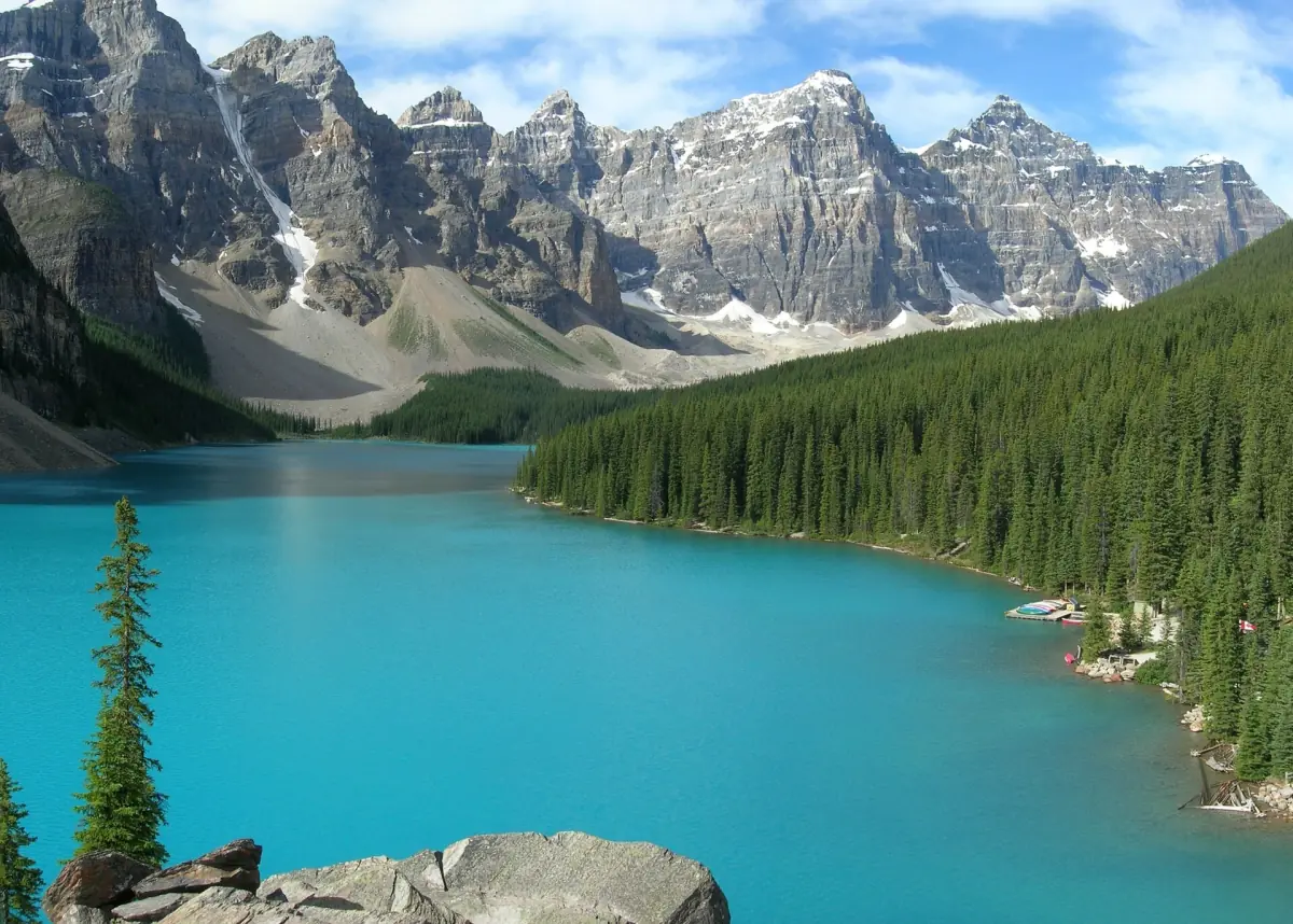 Moraine Lake and the forested shore in summer