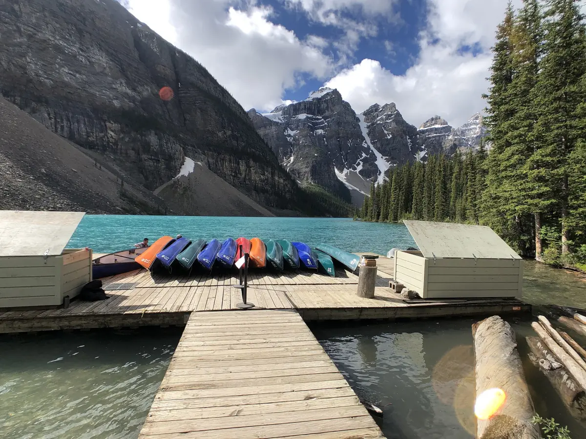 Colourful rental canoes at Moraine Lake
