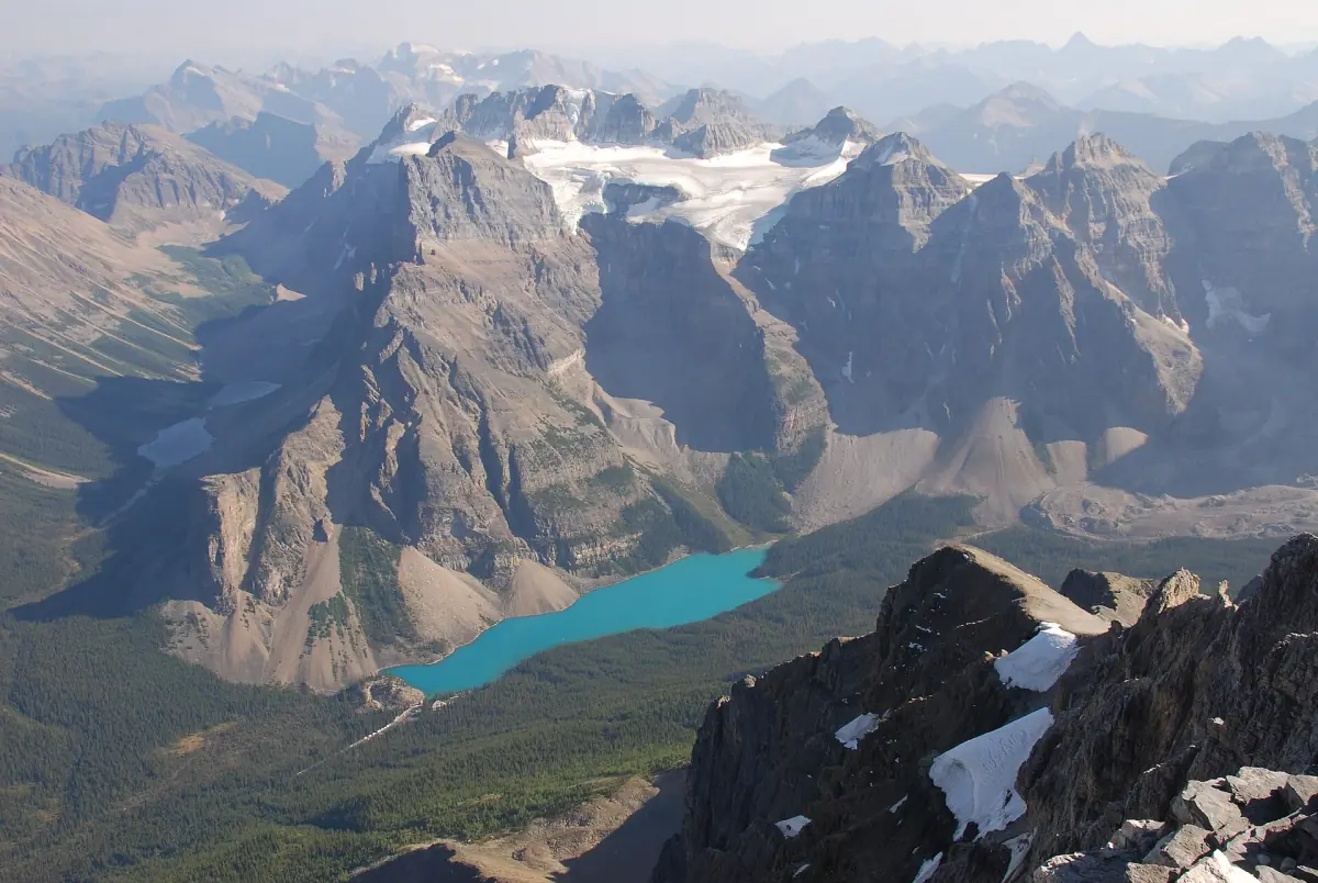 Moraine Lake far below, seen from Mount Temple